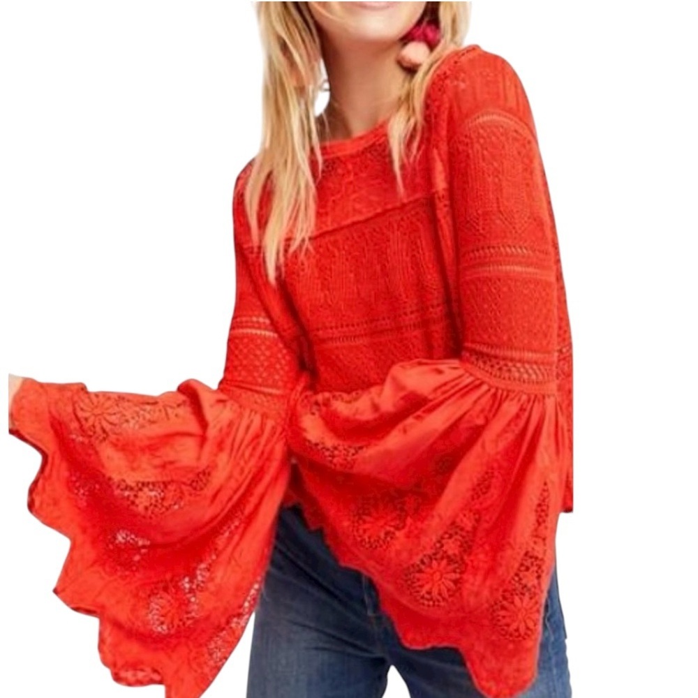 Free People Once Upon A Time Top – Red/Orange Lace Bell Sleeve Blouse